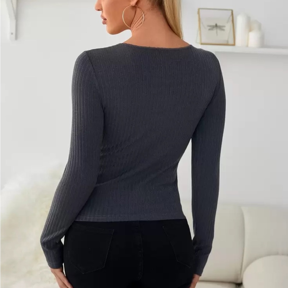 Gray Ribbed Long Sleeve Top - Picture 2 of 14
